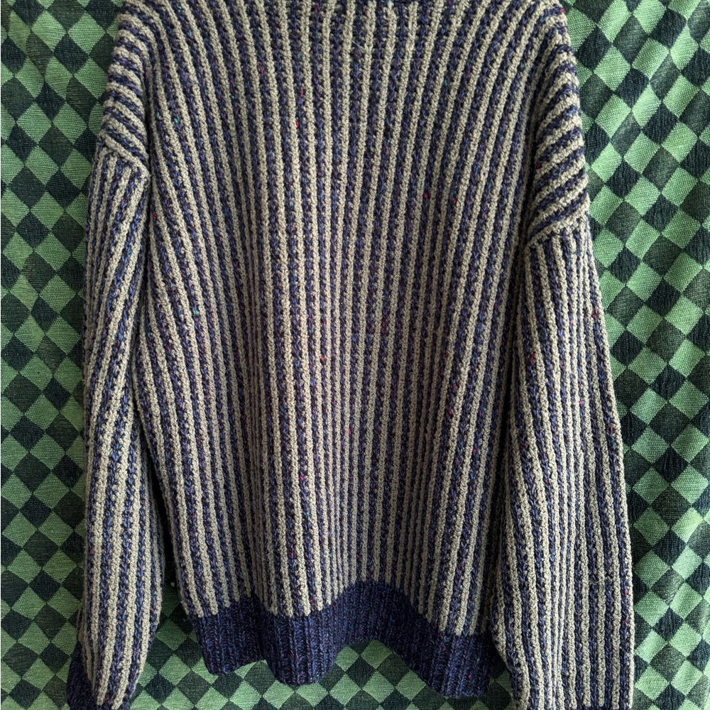 Classic Navy and Beige Striped Crewneck Sweater - Picture 2 of 3